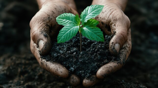 A pair of hands holding freshly tilled soil with a young plant sprouting, representing growth, hope, and the nurturing aspect of humanity towards nature and life.