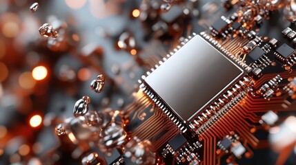A stunning close-up of a computer CPU chip surrounded by an abstract metallic background, emphasizing technology’s intricate design and powerful potential in modern computing.