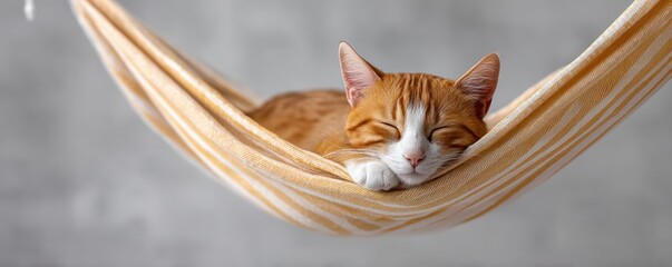 Orange tabby cat sleeping peacefully on soft striped hammock indoors with relaxed expression and cozy atmosphere in calm light household setting pet