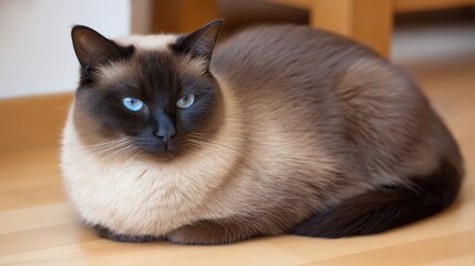 Siamese cat with striking blue eyes lying on wooden floor indoors near wooden furniture with smooth brown and cream fur looking attentively at the camera