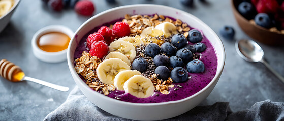 Berry Smoothie Bowl Topped with Banana Slices, Blueberries, Raspberries, and Granola