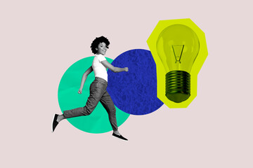 Composite trendy magazine photo collage of happy girl run light bulb development idea blackout...