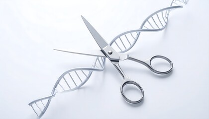 Sleek, minimal concept of CRISPR gene editing. Silver molecular scissors hover over a DNA line on a clean white background with soft shadows.