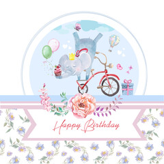 greeting card with a funny elephant on bicycle and balloons