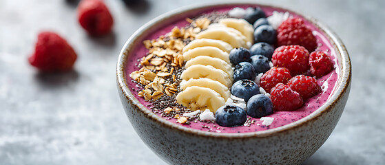 Berry Smoothie Bowl Topped with Banana Slices, Granola, and Fresh Berries