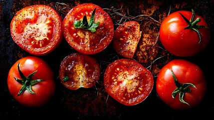 Close-up of fresh tomato debris stuck along rusty metal strands, creating a vivid natural contrast