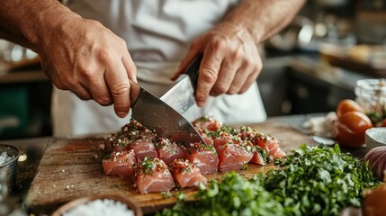 A chef in action, skillfully chopping fresh ingredients on a wooden cutting board, reflecting culinary expertise and the art of preparation in a detailed kitchen setting.