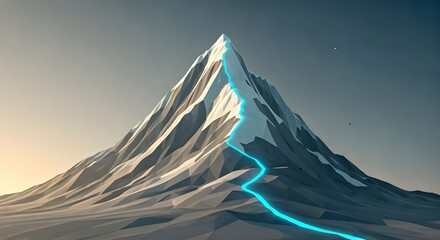 Low poly mountains with blue neon light, 3d rendering. Computer digital drawing.