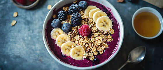 Berry Smoothie Bowl Topped with Granola, Bananas, and Fresh Berries
