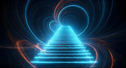 Glowing blue neon stairs, abstract technology background. 3D rendering