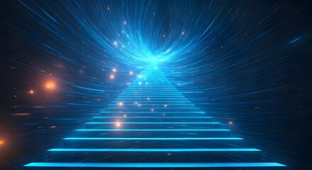 3d rendering of blue neon stairs with glowing lines. Futuristic technology background.
