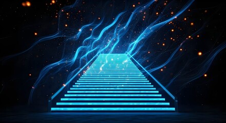 Blue neon stairs on dark background. Glowing stairs. 3D rendering