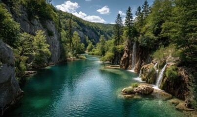 Fototapeta premium Serene Landscape with Clear Emerald Water, Cascading Waterfalls, and Lush Green Forests in a Picturesque Mountain Valley Under a Bright Blue Sky