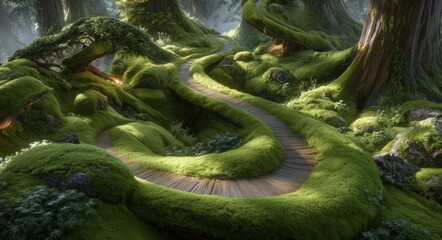 The serene woodland trail is filled with green leaves and scenic landscapes of trees under the warm sunlight, perfect for a tranquil hike or walk outdoors