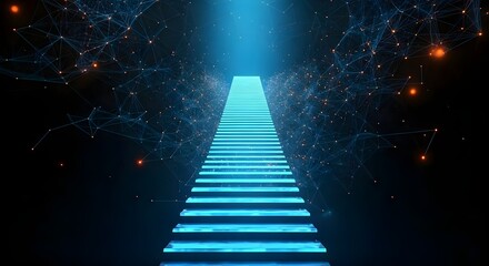 Glowing neon stairs in dark tunnel. Abstract background. 3D rendering