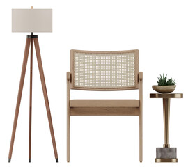 Front View Cutout of Modern Rattan Armchair, Floor Lamp and Side Table with Plant on Transparent Background | Furniture and Decor Object PNG