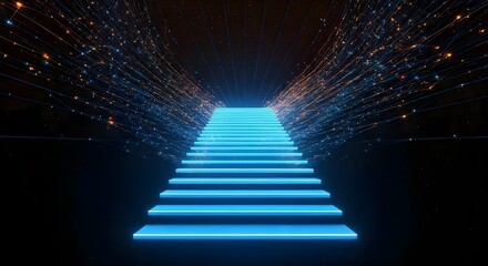 3d rendering of blue neon stairs with glowing lines in dark space.