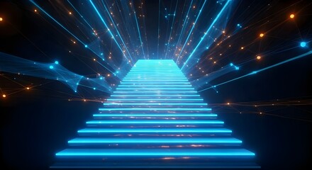 3d rendering of neon stairs with glowing lines and particles. Futuristic background for banner, flyer or poster.