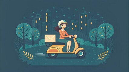 A woman rides a yellow scooter at night through a city park with trees and illuminated buildings in the background.