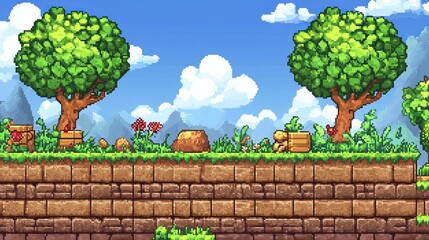Pixel art depicting a cheerful landscape with lush greenery, stone walls, and whimsical elements. 