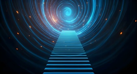 3d rendering of a stairway through a tunnel with glowing light.