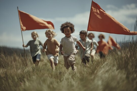 Diverse group of children running in field with orange flags on sunny day