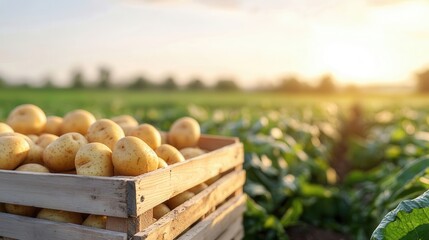 Wooden crate full of freshly harvested potatoes in a field at sunset, representing farm to table agriculture
