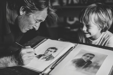 Caucasian elderly male artist sketching portraits with young caucasian child smiling nearby