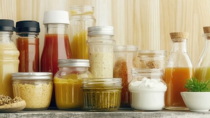 Colorful sauce varieties displayed in condiment containers, resting on rustic wooden surface, highlighting culinary glass diversity