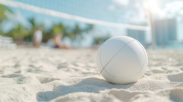 Volleyball lying on blurred beach, sandy player mid game, golden sunset casting warm light across beach volleyball court