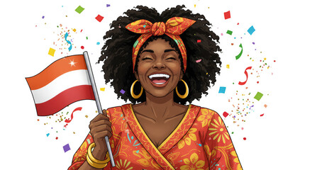 Fototapeta premium Illustration of Joyful Woman Celebrates Waving a Flag with Confetti