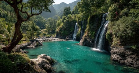 Serene Tropical Waterfall Surrounded by Lush Greenery and Majestic Mountains in a Peaceful Natural Setting with Clear Turquoise Water