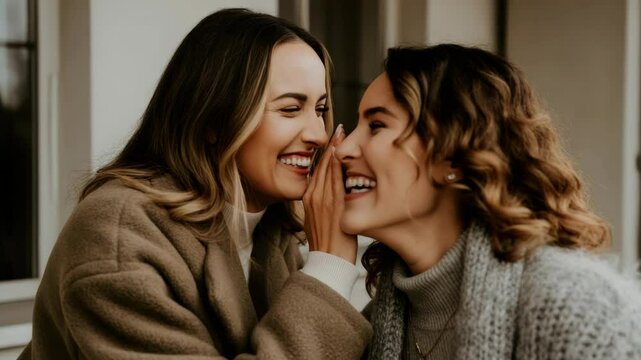 Two women laughing and sharing secret outdoors