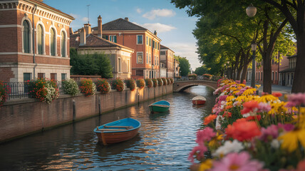 A serene view of boats gliding along the Grand Canal in Venice, Italy, reflecting the historic city's unique architecture and charming old buildings under a vast sky