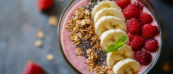 Berry Smoothie Bowl Topped with Bananas, Raspberries, Granola, and Chia Seeds