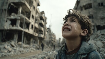 Young Boy Amidst War - Torn Cityscape: A Call for Peace