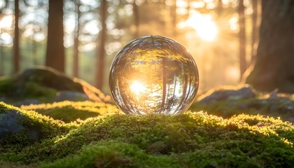 Crystal Sphere Reflecting Sunlight in Serene Forest During Sunrise