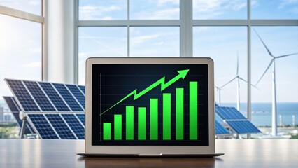 Laptop screen shows rising green graph with solar panels and wind turbines in the background, symbolizing growth in renewable energy.