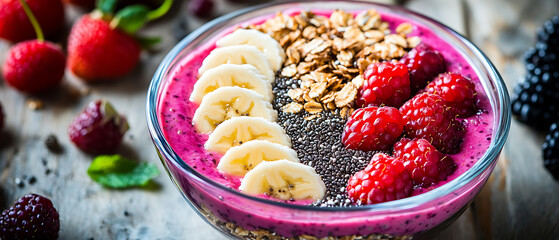 Berry Smoothie Bowl Topped with Bananas, Raspberries, and Granola