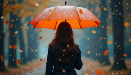 Woman with Orange Umbrella Walking in Autumn Rain with Falling Leaves for Lifestyle Blogs, Weather Awareness Websites, Seasonal Inspiration, and Mood Content  