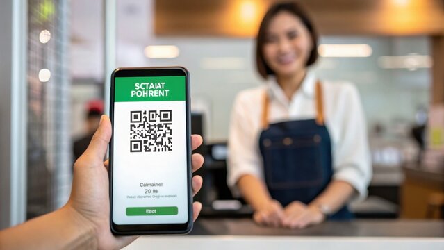 A hand holds a smartphone displaying a digital payment QR code at a counter, with a smiling woman wearing an apron standing in the background. - Powered by Adobe