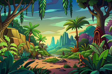 Jungle landscape with a mysterious atmosphere, featuring layered trees, lush leaves, and misty depth vector perfect for adventure, fantasy, or nature themes