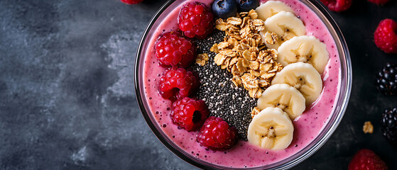 Berry Smoothie Bowl Topped with Granola, Bananas, and Fresh Berries