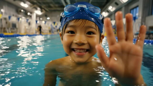 ゴーグル姿でカメラに手を振る子ども