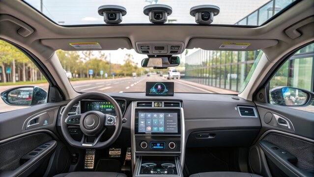 Interior view of a modern car dashboard featuring digital displays, a multifunction steering wheel, and advanced driver-assistance cameras on the roof.