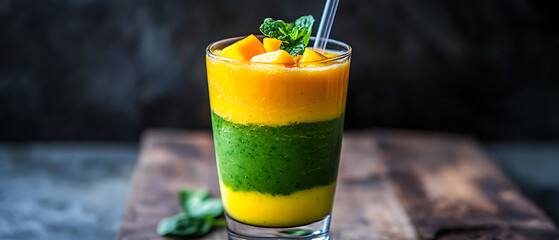 Layered Green and Orange Smoothie with Mint Garnish