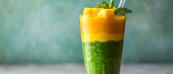 Layered Green and Yellow Smoothie with Mint Garnish