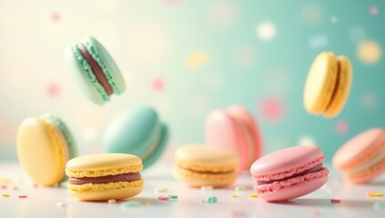 Fototapeta premium colorful assorted macarons in playful motion