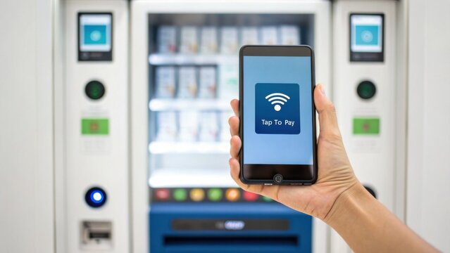 A person uses a smartphone with a "Tap To Pay" screen to make a contactless payment at a vending machine.