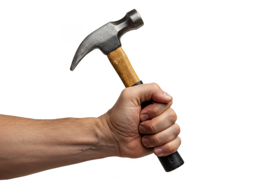 Illustration of Muscular Hand Firmly Gripping Hammer Tool on Transparent